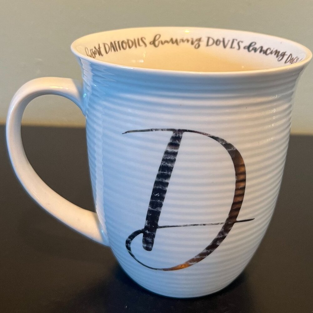 Anthropologie Letter D Monogram Initial Mug Gold Cursive Ribbed Coffee Cup 17oz